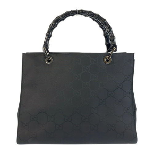 GUCCI 002 1016 Bamboo GG Pattern Black Nylon Women's Handbag #PB15788