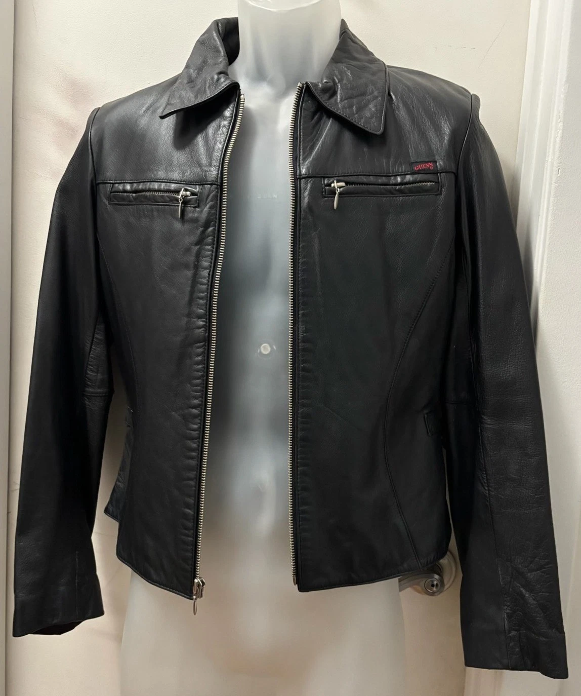 Guess Genuine Leather Jacket Women's Black Size S Full Zip image 1