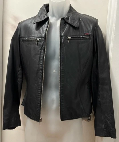 Guess Genuine Leather Jacket Women's Black Size S Full Zip - product listing photo