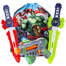 Kidplokio 3pc Space Toy Bundle Sword Blaster and Superhero Cinch Bag (2 Colors)