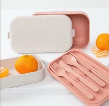 Our Place Layered Lunch Box w/Clips & Utensils Pink Rose Gold Bento Meal Prep