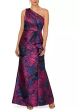 Adrianna Papell One Shoulder Jacquard Gown In Navy Orchid New $249 Size 8