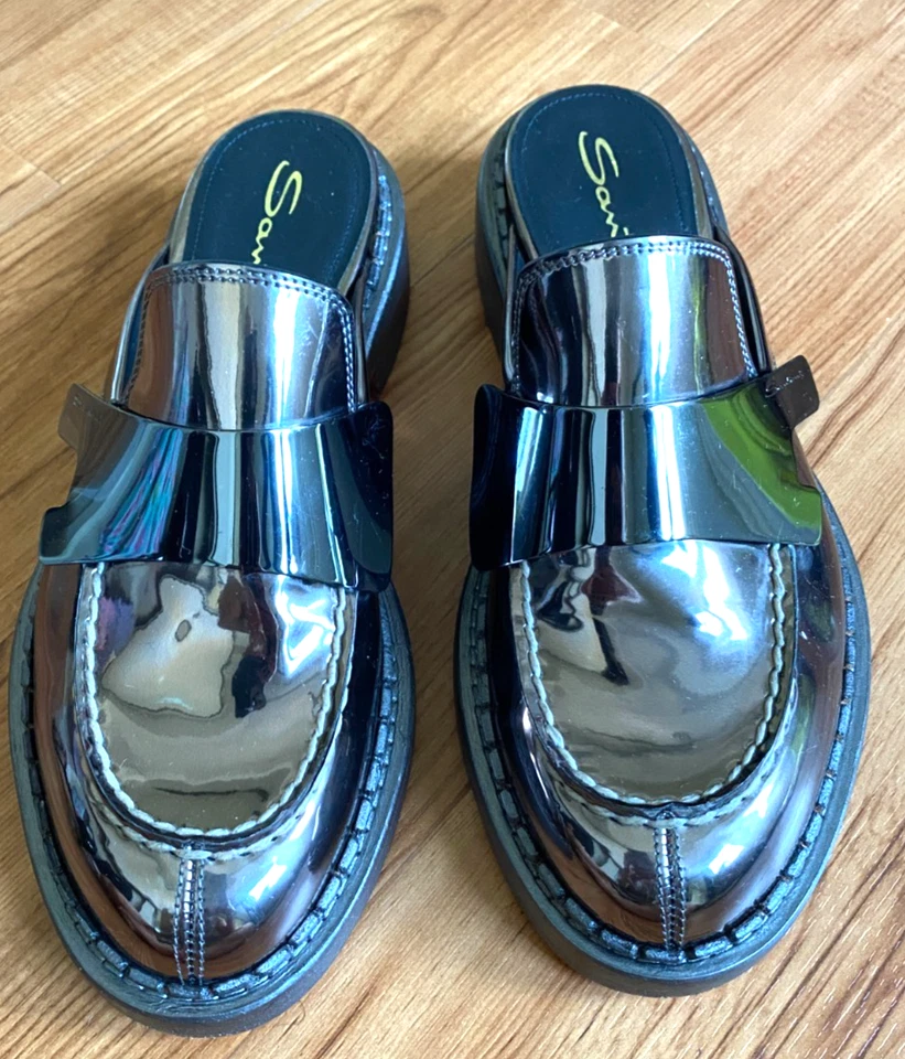 Santoni Rose Gold Metallic/Mirror Sunset Loafer Mules NIB 7.5 38