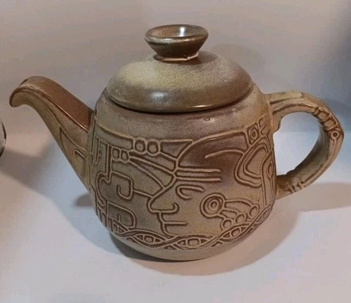 Vintage Frankoma Mayan Aztec pattern Tea Pot Brown 7T