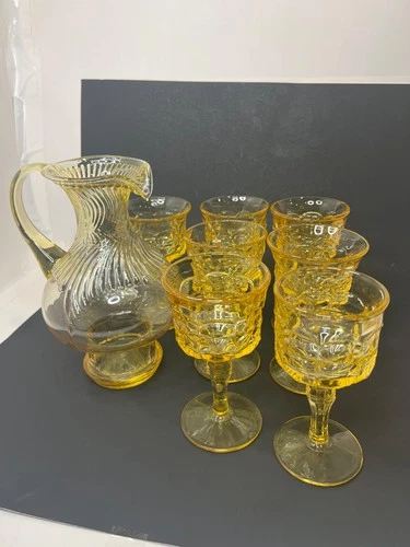Yellow Depression Glass Handled Pitcher and 7 Glass Set - NEW CONDITION
