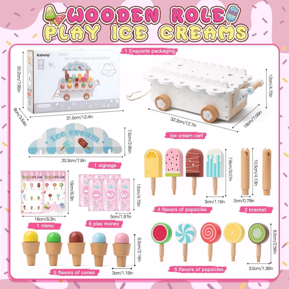 Gelateria Giocattolo per Bambini, Giochi in Legno Carretto Gelati Giocattolo, Ge - Immagine 2 di 4