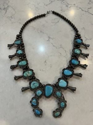Vintage 70 s Native American Navajo Squash Blossom 925 Turquoise Necklace 223 G