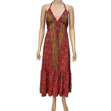 Fashion Nova Brunch In Bali Maxi Dress Large Boho Halter Flowy Tiered Hippie Red