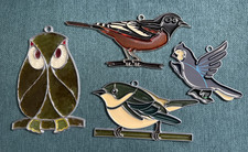 Set of 4 Suncatcher Ornament Small Stained Glass Owl Oriole Chickadee Bluejay