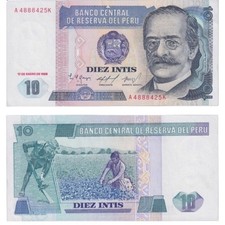 1986 Peru 10 Intis Banknote Historical Portrait & Farming Scene UNC