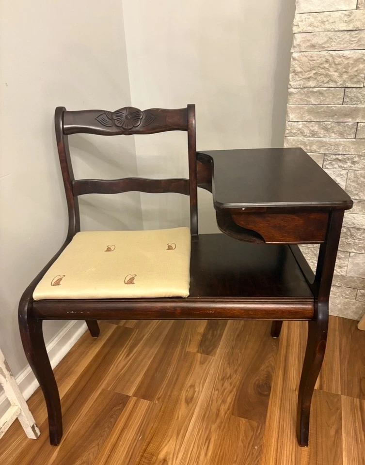 老式 20 世纪 40 年代木质八卦长椅电话座椅-古董入口家具 — 第 3/3 张图片