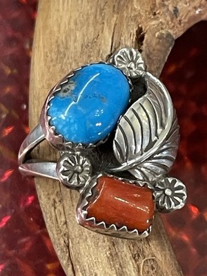 Vintage Navajo Ring Türkis/Koralle,Sterling Silber,Indianerschmuck