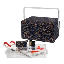 Singer Large Sewing Basket Navy Blue Gold Foil Floral Print Organizer Kit