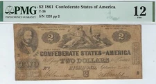 T-38 PF-1 $2 Confederate Paper Money 1861 - PMG Fine 12 - rare type!
