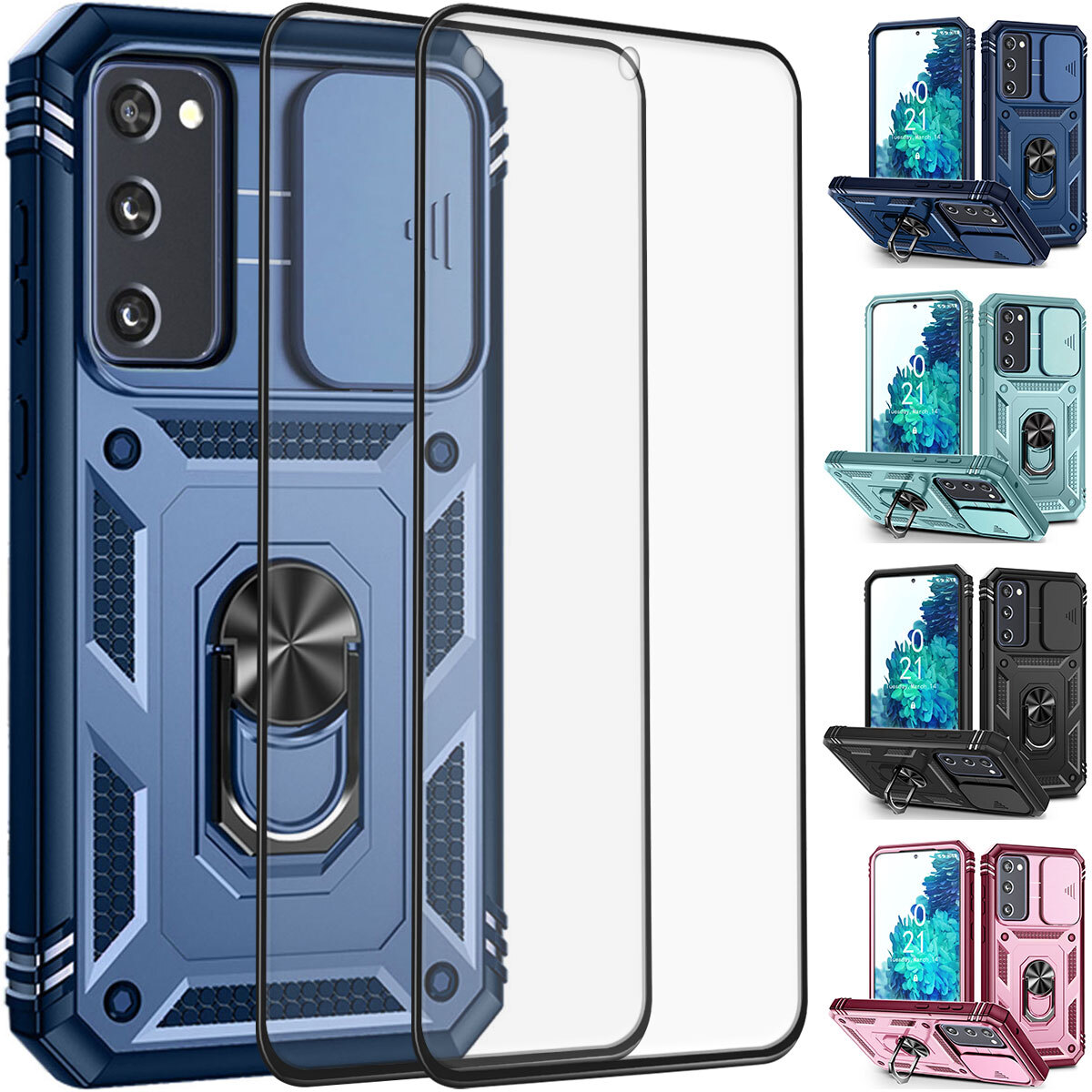 Ring Case with Slide Cover & Tempered Glass for Samsung Galaxy S20 FE 5G