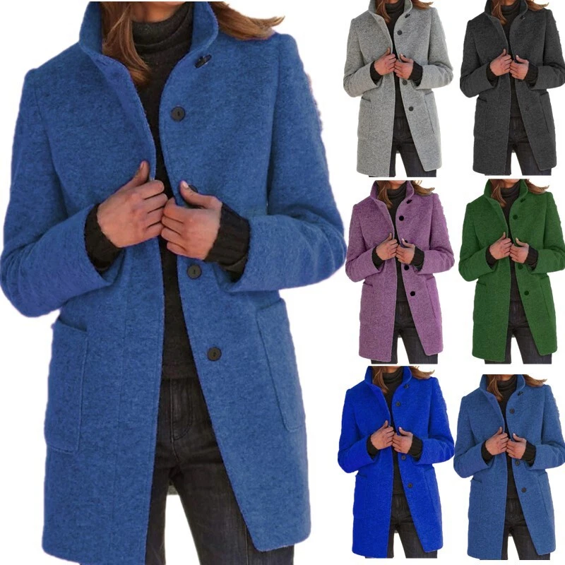 Fashion Stand Collar Woolen Coat With Pockets Fall Winter Casual Button Outwear  - Image 2 of 2