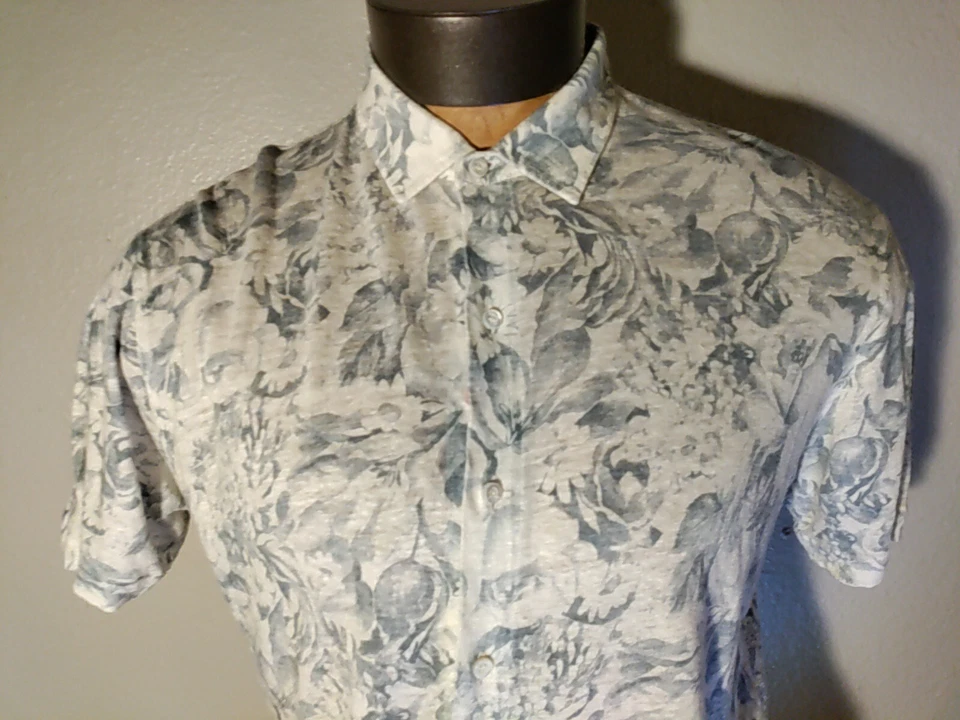 Camisa Isaia Napoli Gris Azul Marfil Floral Lino Manga Corta XL DE COLECCIÓN NUEVA SIN ETIQUETAS $625 Foto 4 de 4