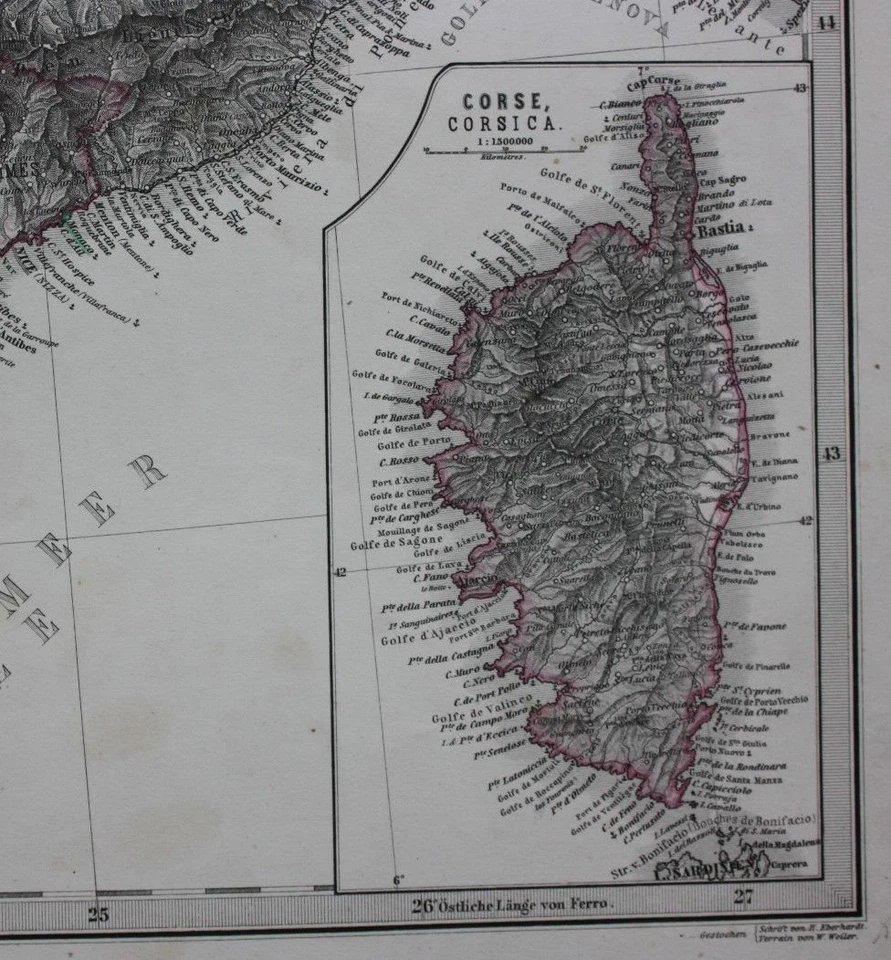 SOUTH EAST FRANCE, MARSEILLE, TOULON, CORSICA original antique map, Stieler 1880 - Image 2 of 4