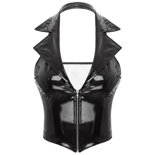 Canotta donna in pelle con ferretto collo intagliato cerniera clubwear slim fit crop top - Foto 19 di 59