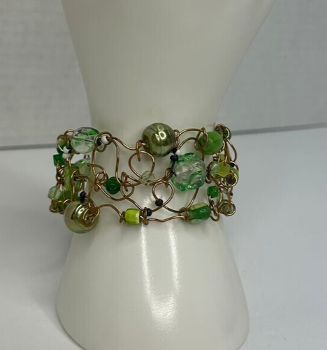 Handcrafted Cuff Bracelet 7.5in Green Beads Stiff Copper Woven Wire Hand Made