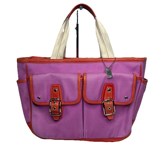 Coach Hampton Canvas Tote Shoulder Bag Handbag Pink Leather Trim 6734 Barbiecore