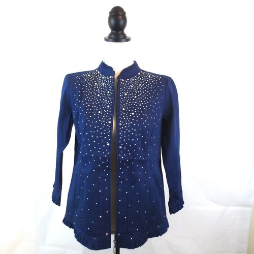 Quacker Factory Embellished Zip Front Jacket Sz XS Navy Blue Denim Rhinestones - Picture 3 of 13