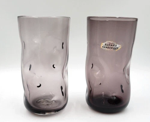 Vintage Blenko Glass 418-L Dimpled Tumbler Set of 2 in Color Mulberry 6" Tall