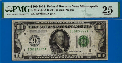 1928 $100 Federal Reserve Note PMG 25 rare numerical 9 Minneapolis Fr 2150-I - Picture 2 of 3