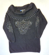 I.B. Diffusion Vintage Sweater Silk Angora Wool Cowl Neck Beaded Black New Sz M
