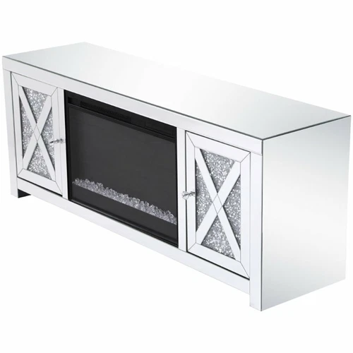 Elegant Decor Modern 2 Door 59" Clear Silver Mirrored Crystal Fireplace TV Stand - Picture 5 of 10