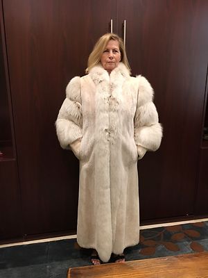 Sheared beaver with oyster dyed fox trim full length