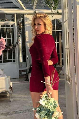 Womens Sexy Velvet Long Sleeve Bodycon Elegant Mini Party Dress Medium Wine Red - Picture 6 of 7