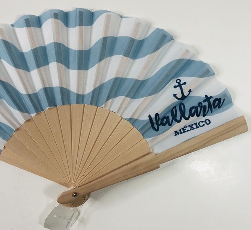 Vallarta Mexico Folding Fan Hand New Anchor Souvenir Wood Cloth Blue White - Picture 3 of 8