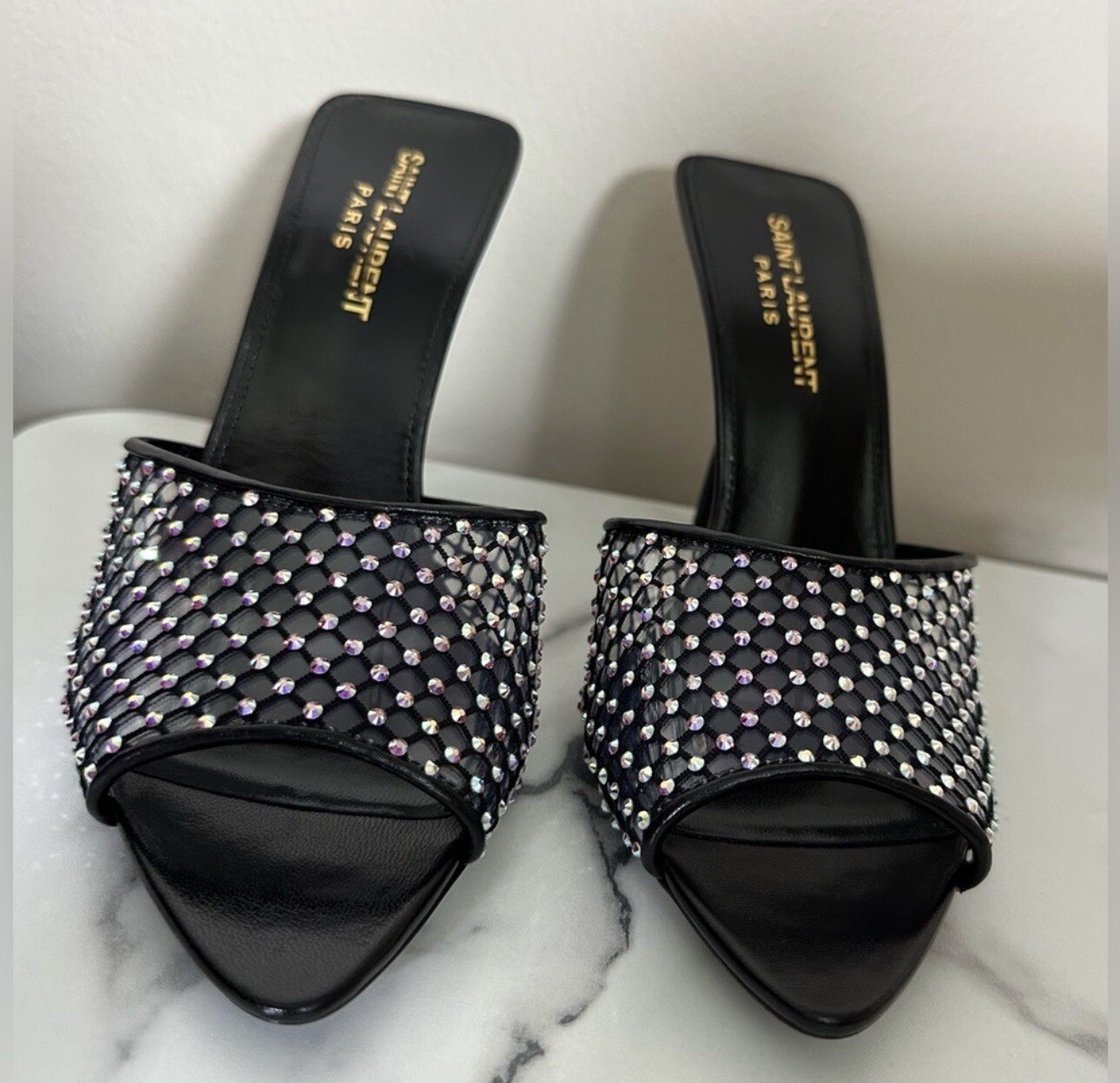 SAINT LAURENT Discoteca rete cristallina muli in PVC e pelle