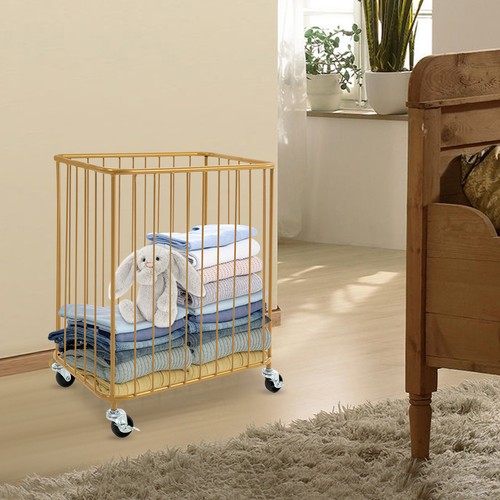 Modern Metal Laundry Hamper Large-size Laundry Basket Cart 4 Wheels W/Wrench