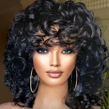 Short Curly Wigs for Black Women Afro Big Curly Wig with Bangs Black Soft Bouncy