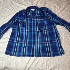 CJ Banks Sz 3X Plaid Blouse Business Casual Navy 3/4 Sleeve Shirt button up