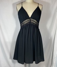 Mini Sexy Black Cami Dress Plunge Neck Lace Insert Open Back Dress Sz 6 SHEIN