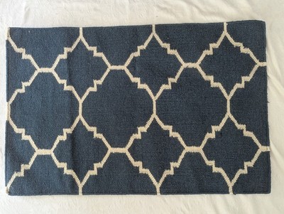 Morrocan Rug Carpet 27 by 41 Inch Turquoise Blue & Off White 100% Wool