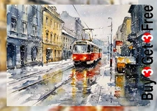 Snowy Red Tram Street 5"x7" Print on Matte Paper | Winter City Scene