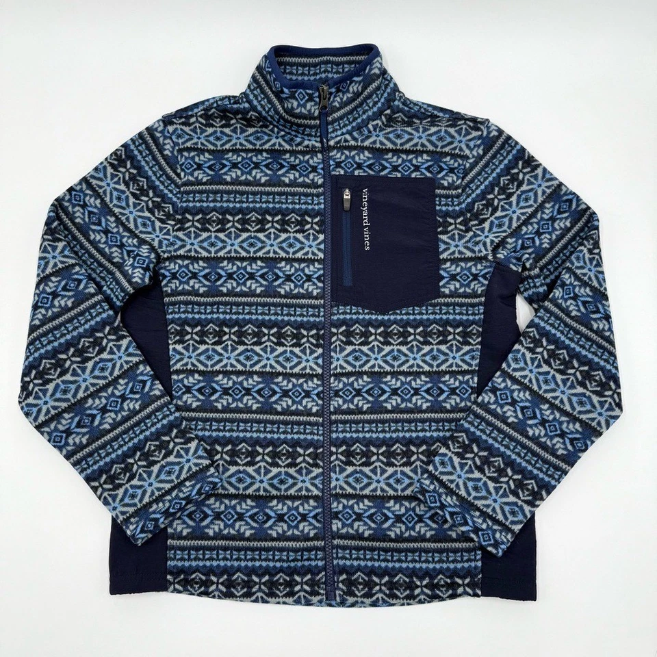 Jaqueta nova com etiquetas Vineyard Vines Boy's Fairisle suéter estampa de lã azul Deep Bay M - Imagem 3 de 4