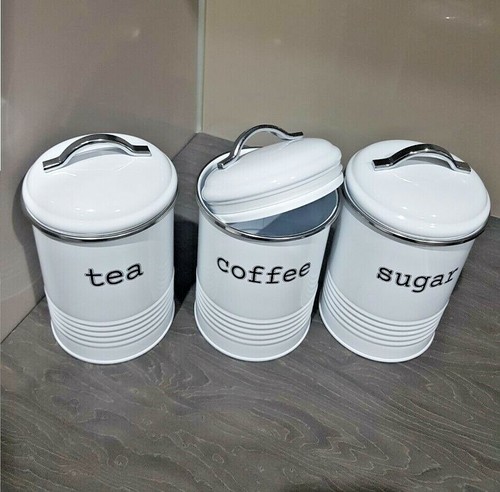 Retro Tea Coffee Sugar Kitchen Storage Canisters Jars Pots Tin Set Air Tight Lid - Picture 5 of 10