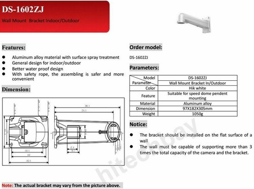 Hikvision DS-1602ZJ Aluminum Alloy Wall Mount Bracket for Speed Dome PTZ Camera - Picture 5 of 7
