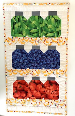 Handmade Wall Hanging Quilt Jars of Pickles Blueberries Tomatoes 15'' x 26''