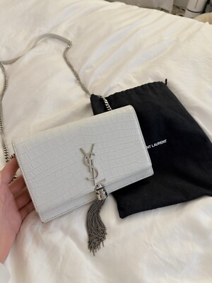 YSL SAINT LAURENT WHITE LEATHER SILVER CHAIN SHOULDER / WOC