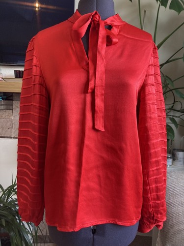 Bogner red satin blouse size 36/ S, Pussy Bow /neck Tie, Satin Red - Picture 2 of 8