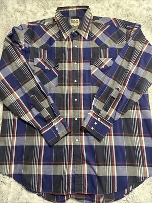 VINTAGE Ely Cattleman Men Button Up Shirt XL Blue Plaid Western Pearl Snap 90s