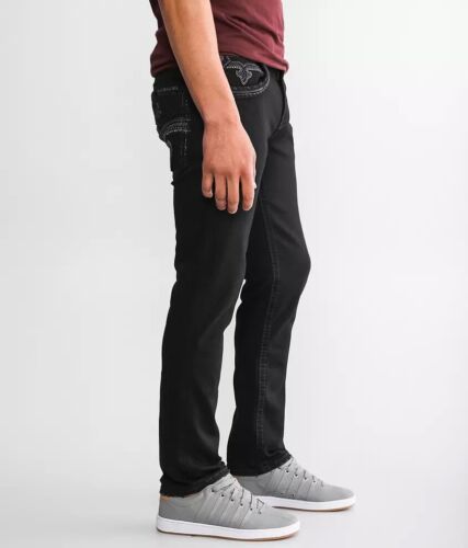 230515 ROCK REVIVAL $179 MENS TAN SLIM STRAIGHT STRETCH BLACK JEANS SZ 42 EUC! - Picture 3 of 9