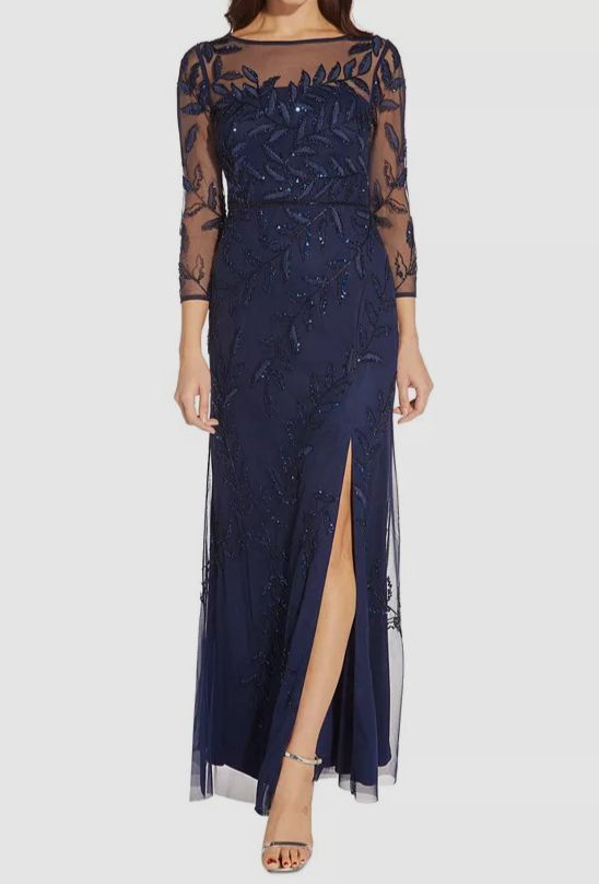 Adrianna Papell Womens Beaded Embroidered Evening Dress Navy 2