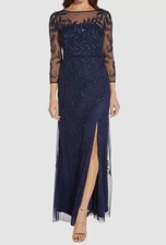 $349 Adrianna Papell Women's Blue Beaded 3/4-Sleeve Gown Dress Size 2